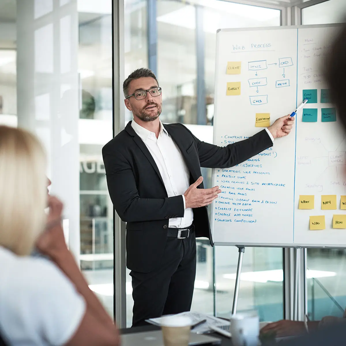 image of man in meeting pointing at whiteboard
